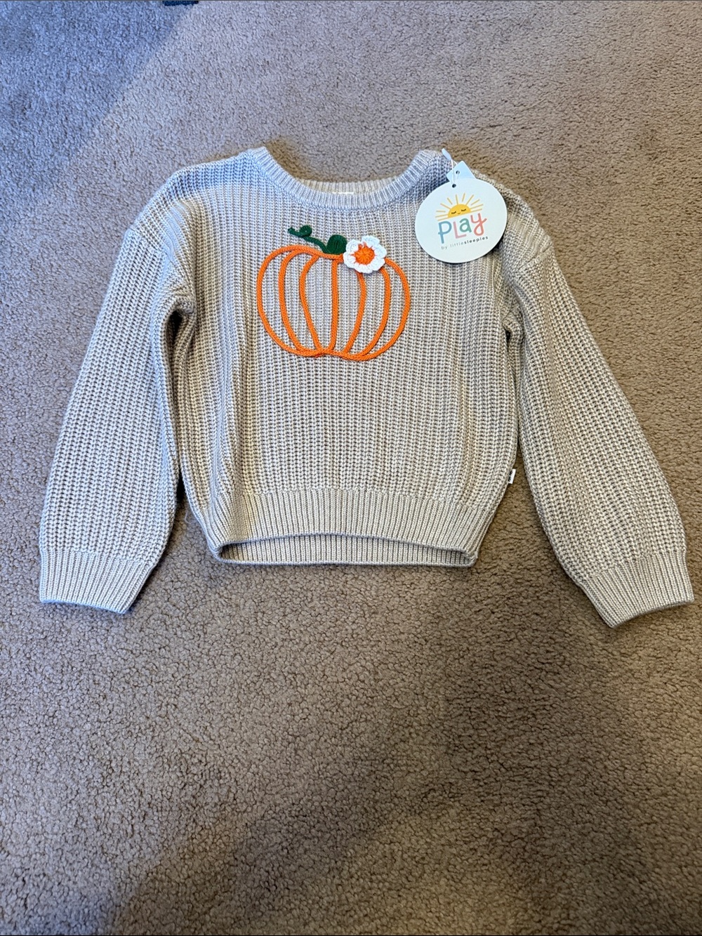 Little Sleepies Cream Knit Crewneck Sweater with Orange Pumpkin Appliqué
